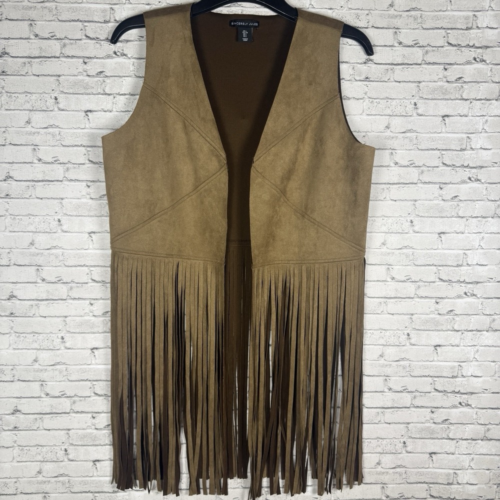 Boho Fringe Faux Suede Vest Womens Large Brown Sleeveless Open Front Festival